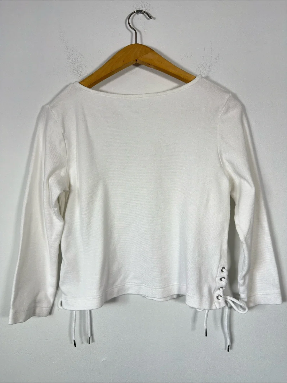 GU Japan White Cotton Cropped Ribbed Long Sleeve Side Tie Detail Crop Top M